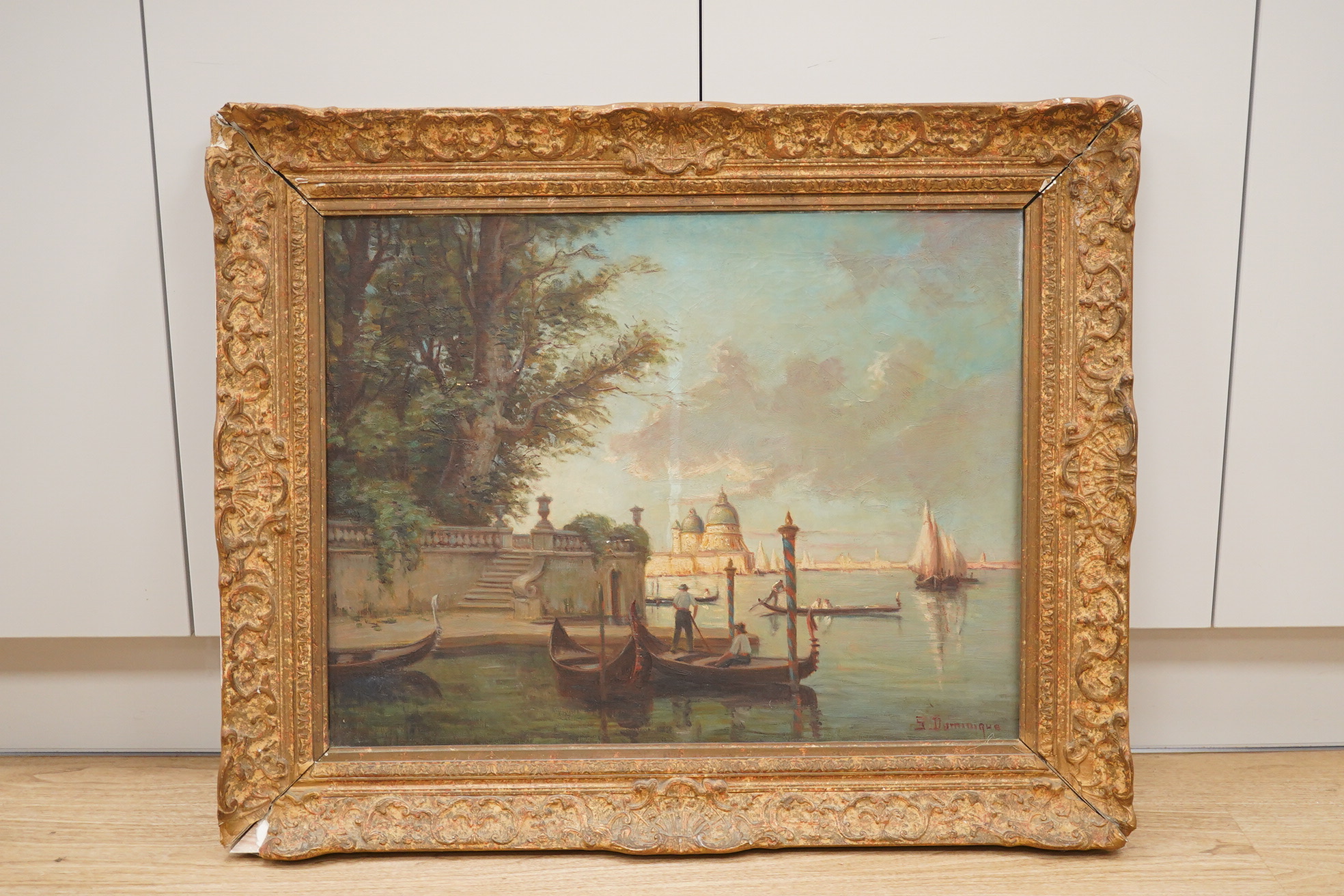 S. Dominque?, oil on canvas, Venetian scene with gondolas, signed, 49 x 64cm, ornately framed. Condition - fair, would benefit from a clean